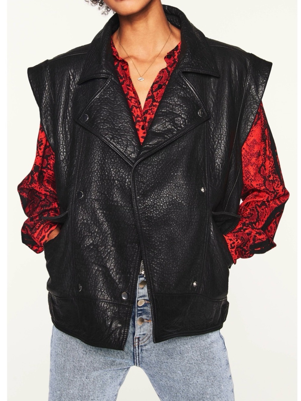 ba&sh Black Leather Moto Vest
